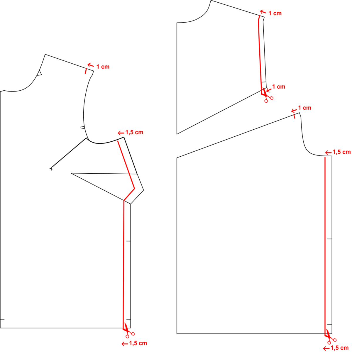 schéma qui explique une des étapes pour passer du patron de chemise énoé, en patron de chemise sans manche